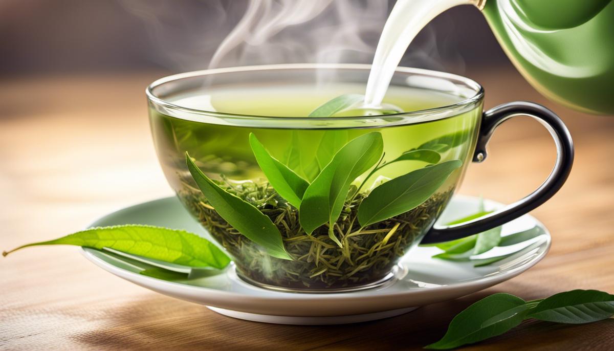 Effective Weight Loss with Green Tea: Lose Up To 10 Pounds Fast 2 A cup of green tea in a peaceful setting with green leaves and steam rising from the cup.